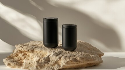 Unique Minimalist black Container Displayed on a Textured Rock Against a Soft Background During Natural Lighting Conditions

