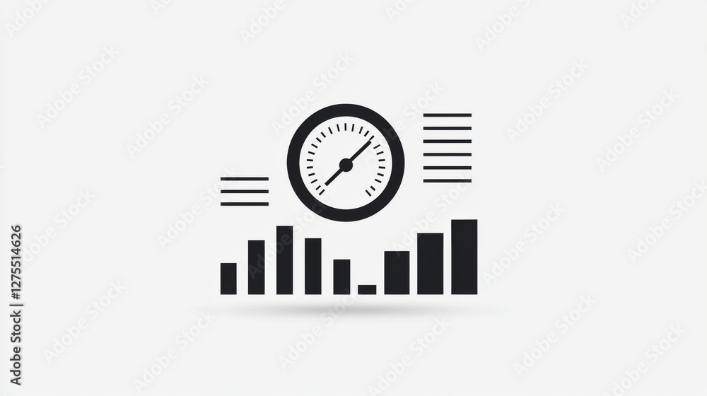 Poster a minimalist icon depicting a gauge and bar graph, representing data metrics, performance, and analy