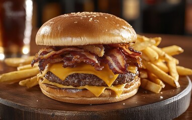 Delicious Big Juicy Hamburger with Cheese and Crispy Bacon Strips Ready to Satisfy Your Cravings
