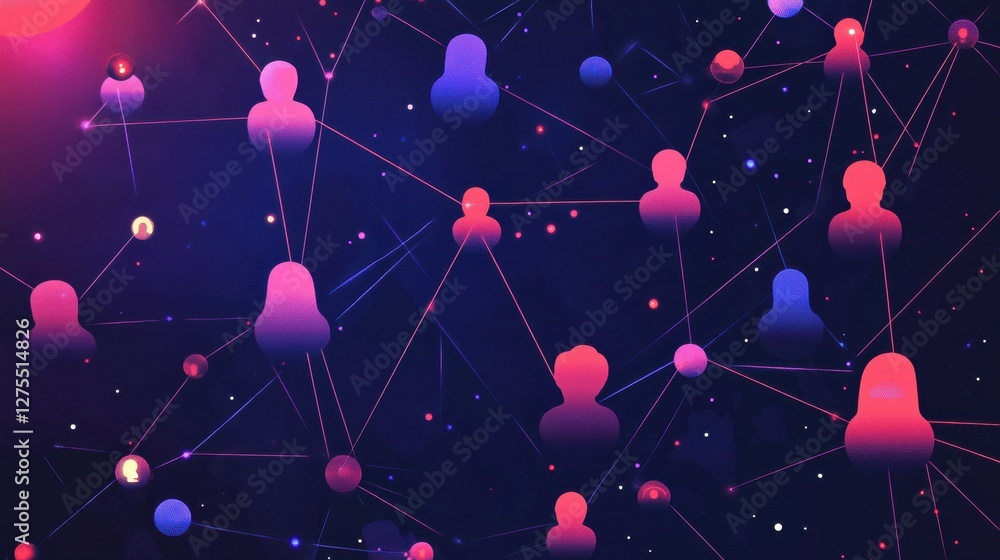 Poster abstract network of human connections with colorful nodes and lines