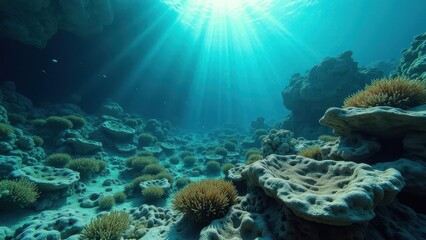 Naklejka premium Underwater coral reef affected by coral bleaching with sunlight filtering in 