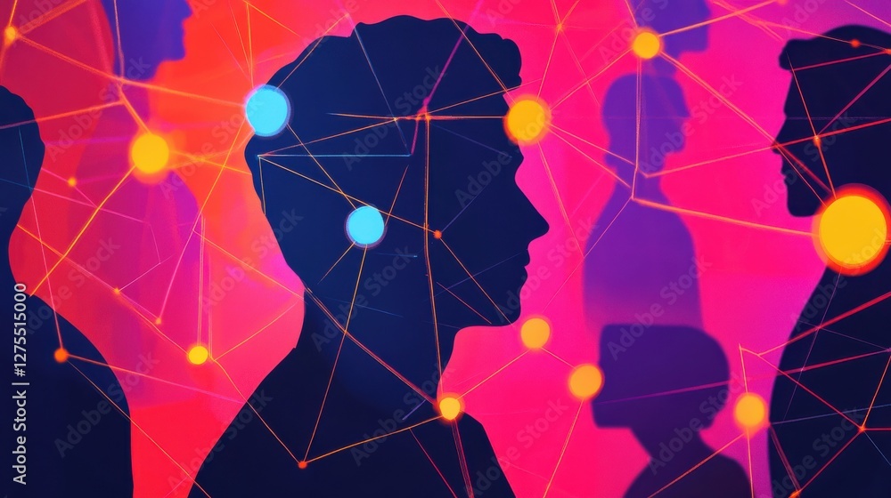 Poster abstract silhouettes of people within a network of glowing nodes