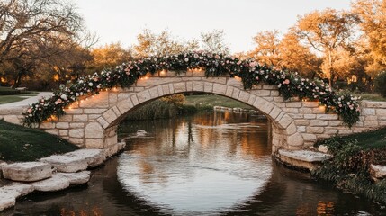 Beautiful Stone Bridge Adorned with Flowers Over Calm Water