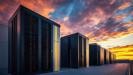 Server farm at sunset, rooftop location, technology, dramatic sky
