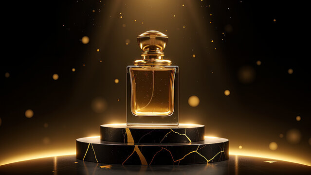 Ein luxuri&ouml;ser Sockel aus schwarzem Marmor mit goldenen Adern und einem opulenten Parf&uuml;mflakon, umgeben von sanftem goldenem Licht.KI Generated