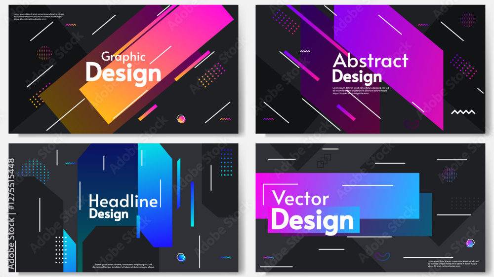 Poster set of modern background with geometry shapes. gradient colorful lines with dark backdrop. vector il