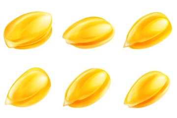 Golden Corn Kernels: Vibrant Yellow Grains Isolated on Pure White Background, Perfect for Food Packaging, Agriculture, and Culinary Designs. High-resolution image showcasing the texture and detail of 