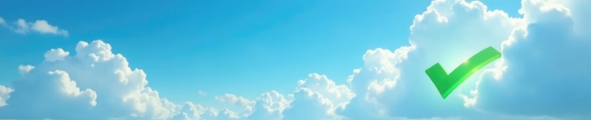 Cloudy sky with a prominent green checkmark and wispy clouds, blue, atmospheric