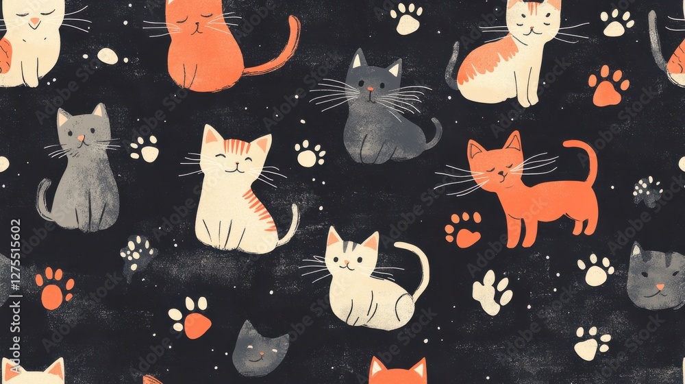 Poster colorful cat pattern on dark background with playful kittens