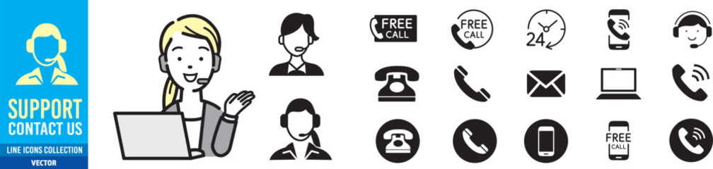 コールセンターの女性とフリーダイヤル アイコン