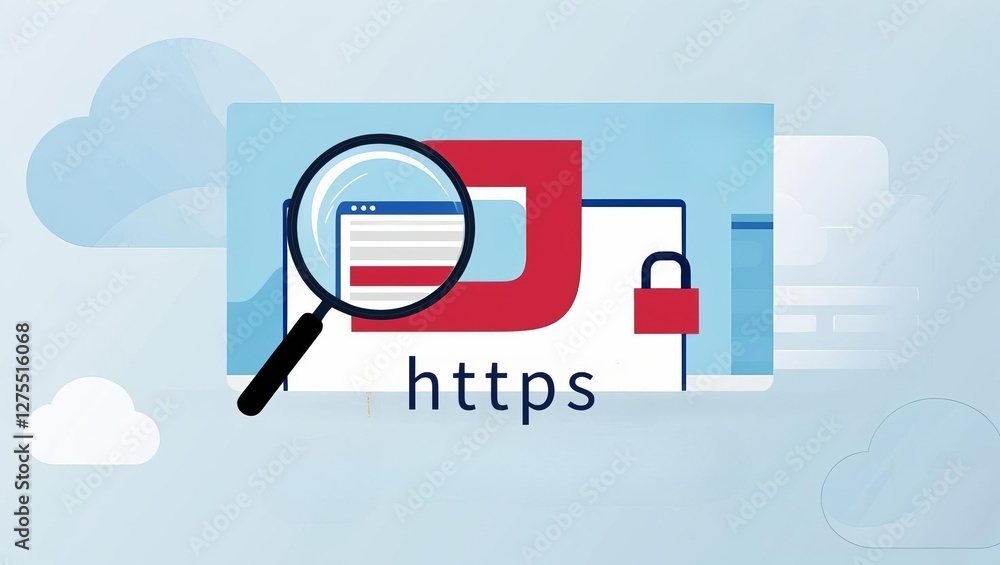 Poster a graphic representation of https security, featuring a magnifying glass over a webpage and a padloc