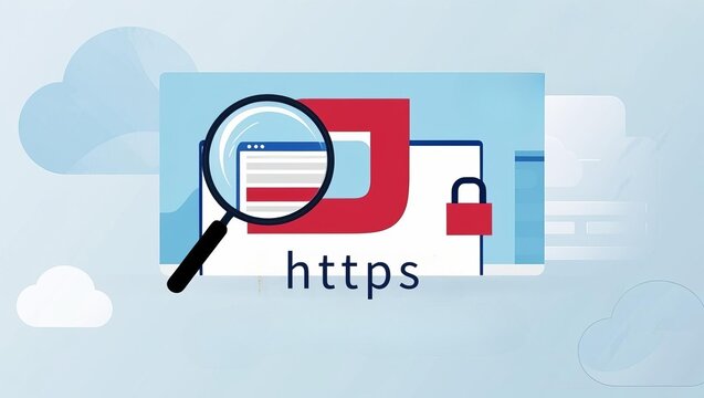 A graphic representation of HTTPS security, featuring a magnifying glass over a webpage and a padlock symbol, emphasizing online safety.