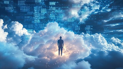 Silhouette figure, clouds, digital data, futuristic sky