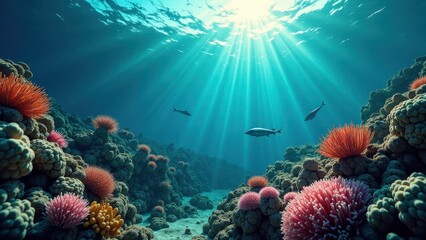 Obraz premium Colorful coral reef underwater with fish swimming and sunlight filtering in 