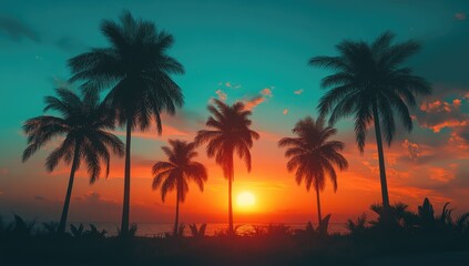 Fototapeta premium Silhouette palm trees sunset tropical paradise