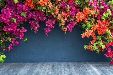 Vibrant Pink and Orange Bougainvillea Flowers Blooming Abundantly Over Dark Blue Wall Wooden Floor Background Summer Floral Scene 