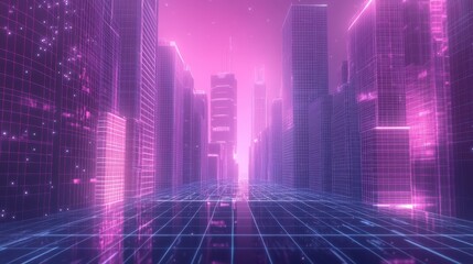 Futuristic Cityscape with Neon Lights and Abstract Grid Background