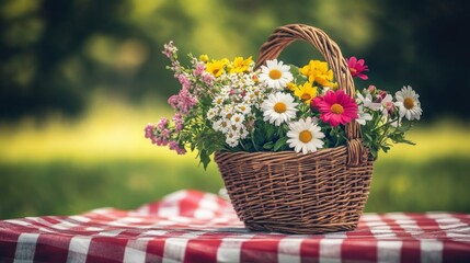 Colorful Flower Basket on Picnic Blanket in Natural Outdoor Setting