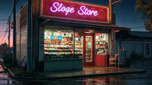 Video footage of small, warmly lit store with a neon sign, displaying various items in the window, located on a wet street at dusk