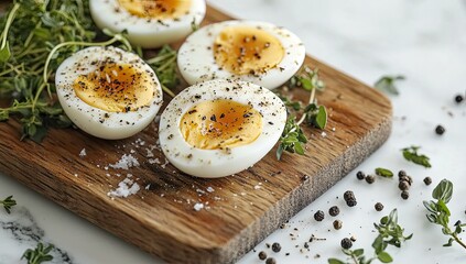 Sliced Hard-Boiled Eggs on Wooden Board with Herbs and Spices