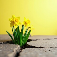 Obraz premium Daffodils growing through cracks in a bright yellow and white wallpaper background, blooms, growth