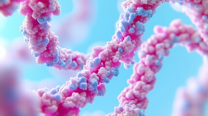 Pink blue DNA strands, science background, molecular structure, research.