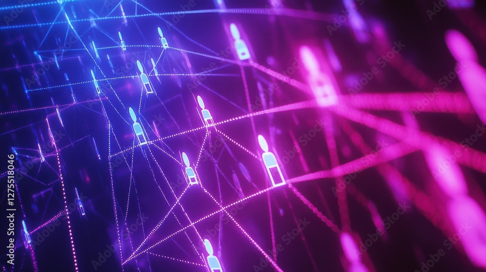 Poster digital network connection with abstract human figures in violet tones