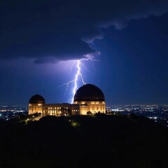 Obraz premium Darkened sky with lightning strike behind Griffith Observatory at night, lightning, Los Angeles, nighttime