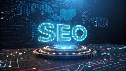Fototapeta premium A futuristic representation of SEO, featuring glowing text and digital elements that emphasize search engine optimization in a tech-savvy environment.