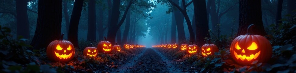 Obraz premium Dark forest path illuminated by jack-o-lanterns, light, , spooky