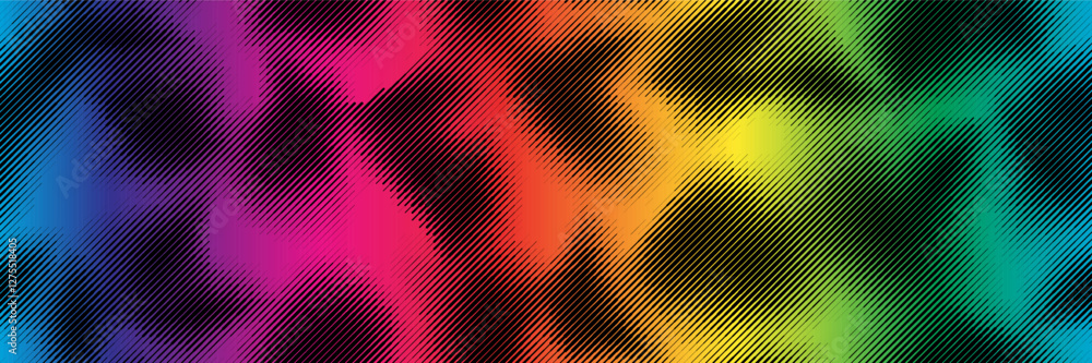 Poster abstract spots with slant halftone lines on rainbow bg as a seamless pattern. black parallel thin st