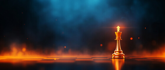 Chess king piece on fiery board with blue mist background, symbolizing strategy and power.