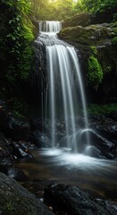 Obraz premium Serene Waterfall in Lush Green Forest