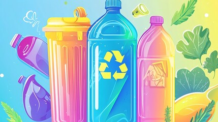 Colorful Recycling Concept: Illustration of Plastic Waste, Bins, and Eco-Friendly Design