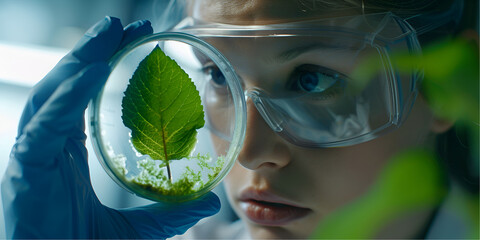 Female Scientist Holding Leaf in Laboratory - Environmental Sustainability Research, Innovation, and Nature Conservation