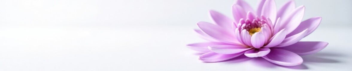 Fototapeta premium Delicate Lilac Chrysanthemum petals unfolding on a pure white surface, flowers, single bloom