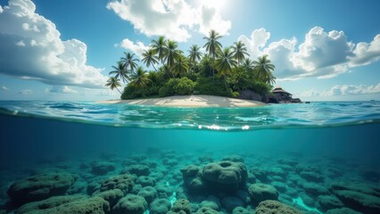 Tropical island with palm trees above coral reef affected by coral bleaching underwater	