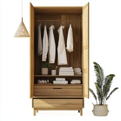 Scandinavian-inspired open wardrobe with natural wood finish isolated on white
