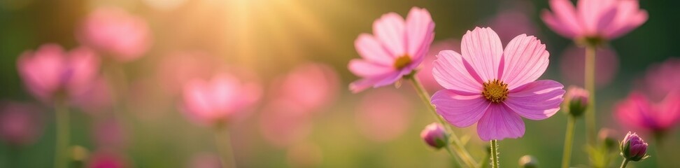 Obraz premium Delicate pink cosmos flowers swaying gently in the garden breeze, soft, pink, bloom