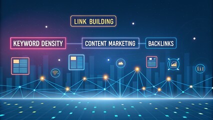 A digital illustration depicting concepts related to SEO, including link building, keyword density, and content marketing against a blue background.