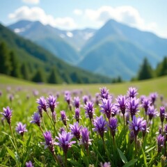 Obraz premium delicate purple flowers blooming in a mountain meadow, wildflower field, mountain blooms, spring
