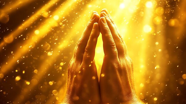 A YouTube Shorts background template for a prayer video featuring reverent hands clasped in prayer, illuminated by soft warm light, with space for text overlay.