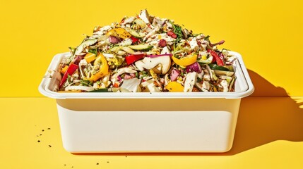 Vibrant salad bowl filled with fresh vegetables and herbs against a bright yellow backdrop