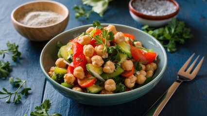 Chickpea and vegetable salad in a green bowl on a blue table with red peppers, cucumbers, and herbs in a vibrant, fresh composition.