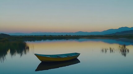 Serene Sunset Landscape With Rowboat On Calm Water