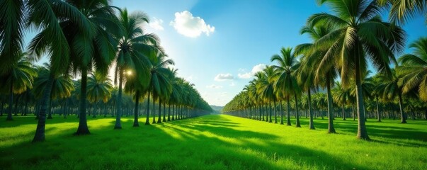 Obraz premium Dense rows of oil palm trees stretching towards the horizon, nature, row, trees