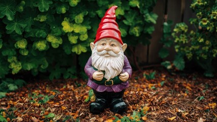 Obraz premium Whimsical garden gnome with a red pointed hat and purple outfit stands among vibrant greenery and autumn leaves in a serene outdoor setting