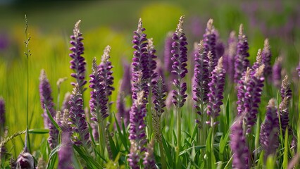 Obraz premium Cynoglossum officinale blooms in a vibrant meadow with purple flowers in the foreground and lush green grass and yellow wildflowers in the background.