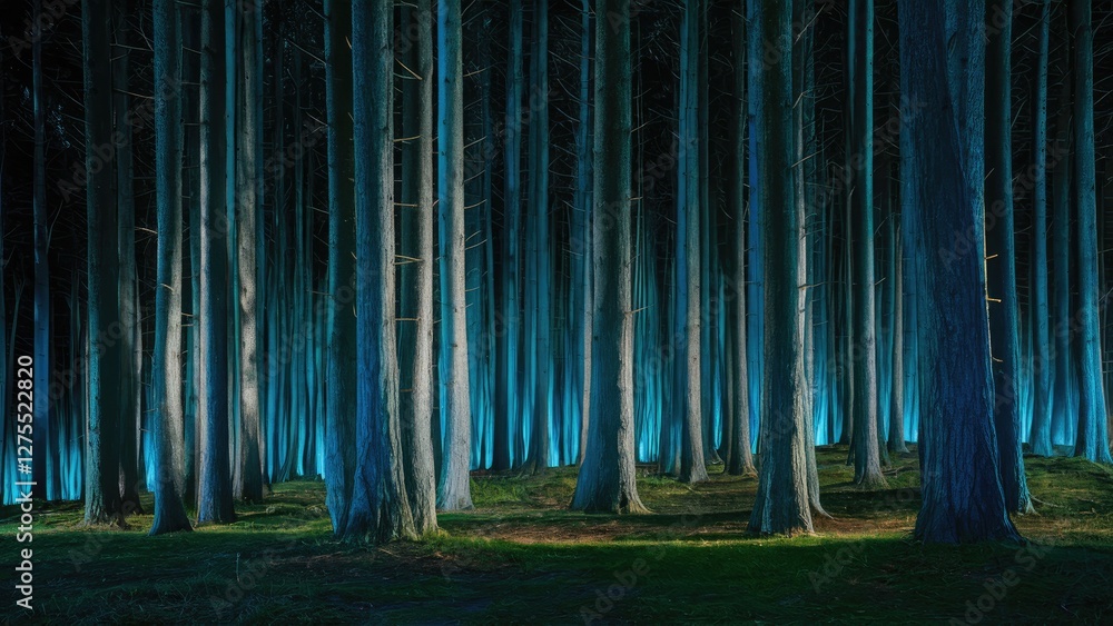 Poster mysterious illuminated forest at twilight with tall dark trees and ethereal blue backlighting creati