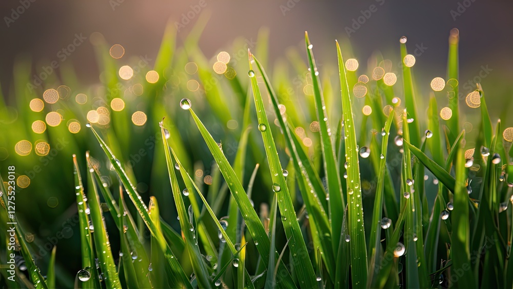Aufkleber dew covered green grass blades illuminated by morning light with a soft bokeh background creating a 